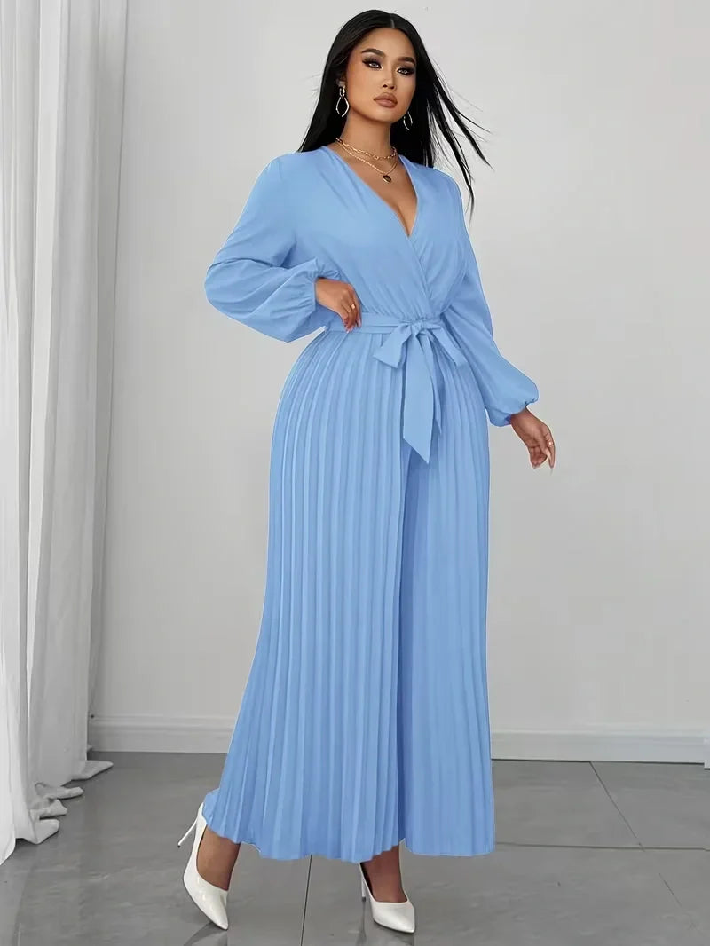 V Neck Belted Wide Leg Jumpsuit for Women — Plus Size Long Sleeve Pleated Palazzo Jumpsuit