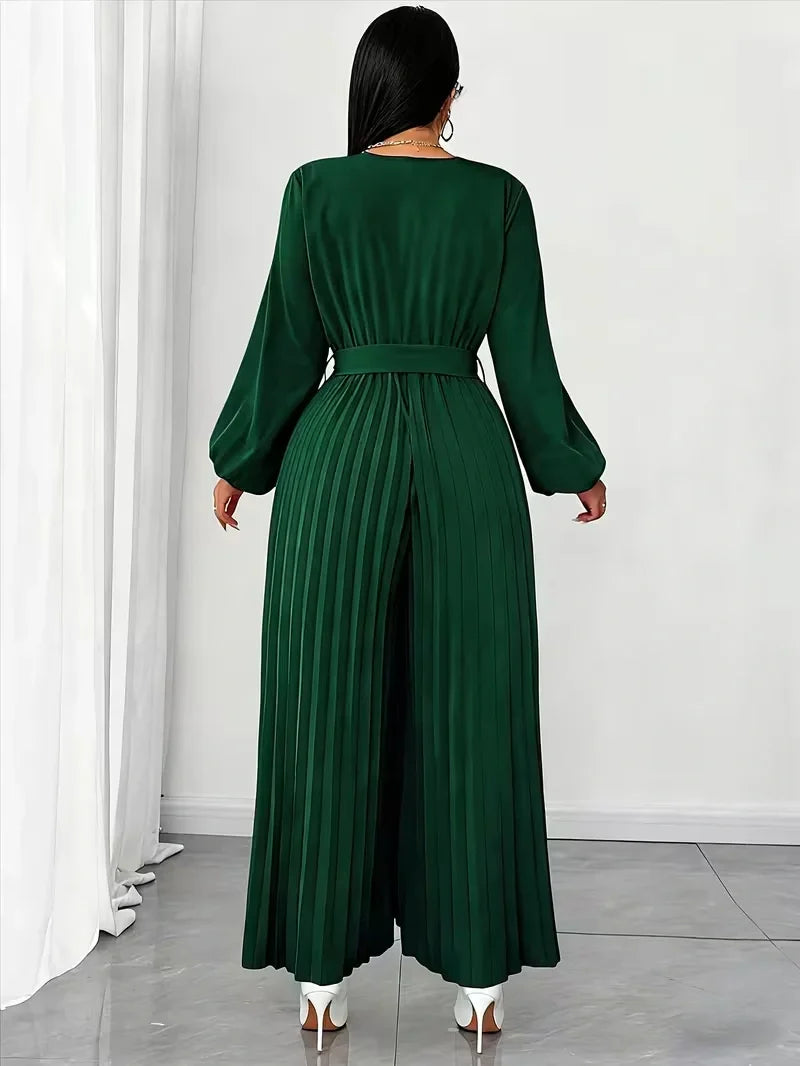 V Neck Belted Wide Leg Jumpsuit for Women — Plus Size Long Sleeve Pleated Palazzo Jumpsuit