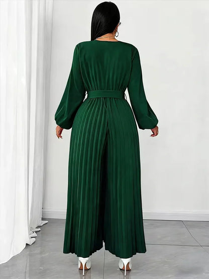 V Neck Belted Wide Leg Jumpsuit for Women — Plus Size Long Sleeve Pleated Palazzo Jumpsuit