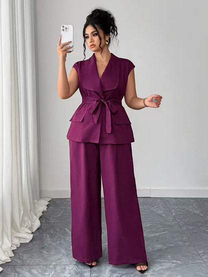 Belted Lapel Vest and Wide Leg Trouser Set for Women — Plus Size Power Co-ord
