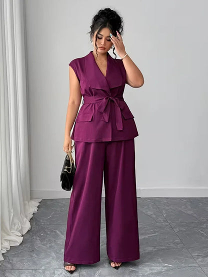 Belted Lapel Vest and Wide Leg Trouser Set for Women — Plus Size Power Co-ord
