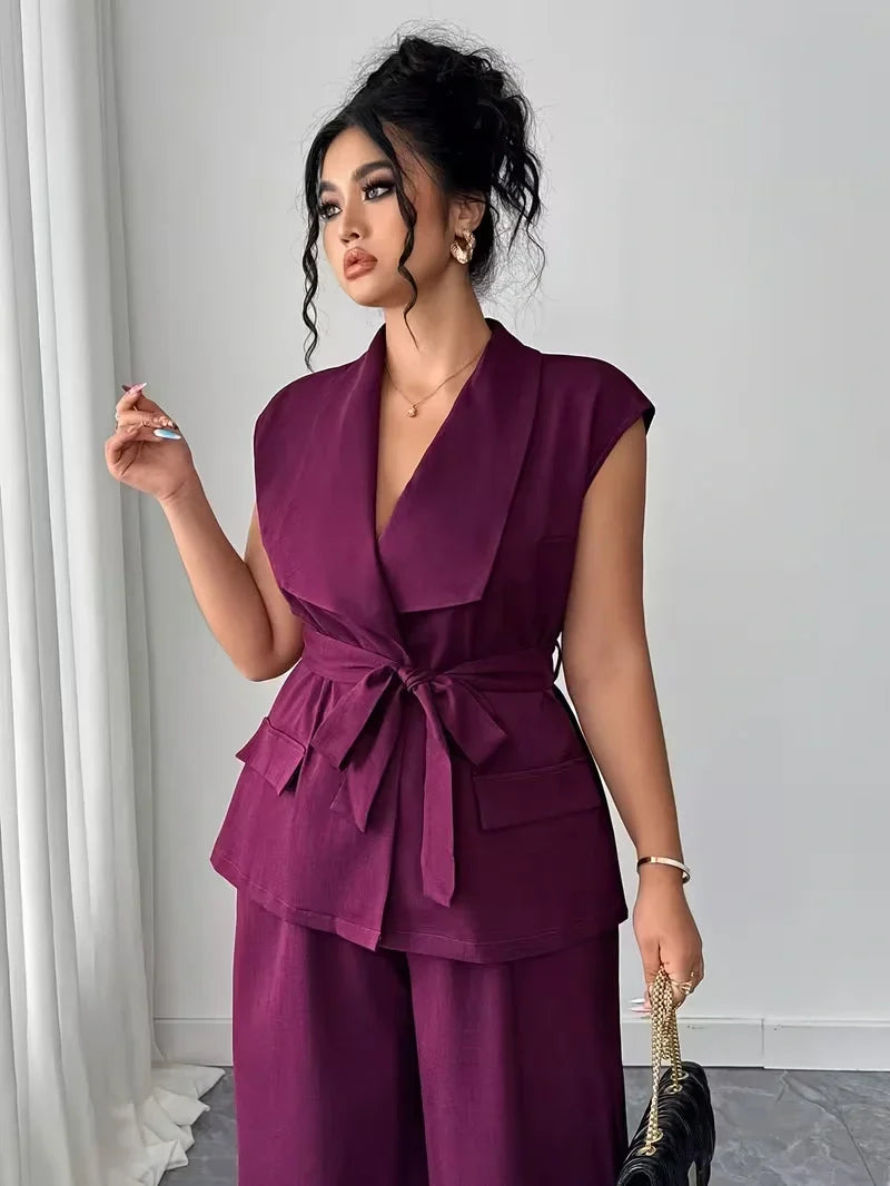 Belted Lapel Vest and Wide Leg Trouser Set for Women — Plus Size Power Co-ord