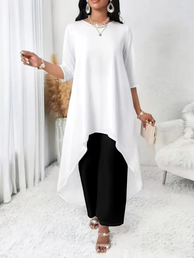 Irregular Hem Longline Top and Wide Leg Pants Set for Women — Plus Size Two Tone Co-ord