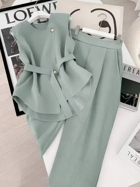 Belted Sleeveless Top and Straight Leg Pants Co-ord Set for Women