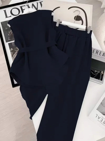 Belted Sleeveless Top and Straight Leg Pants Co-ord Set for Women