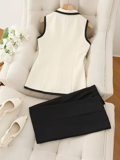 2-Piece Contrast Collar Blazer and Pencil Skirt Set Boosts Workplace Confidence