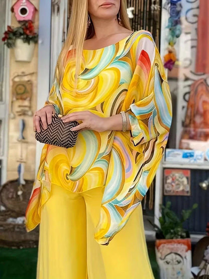 2-Piece Floral Chiffon Top and Pants Set Delivers All-Day Vacation Ease