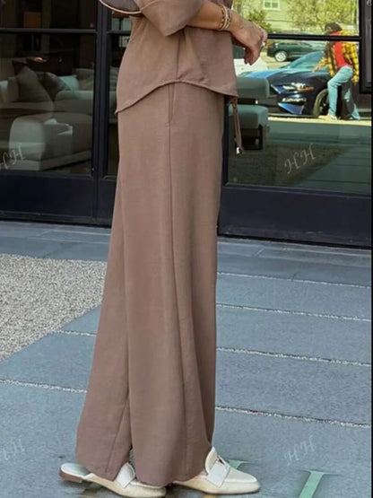 Drawstring Shirt Top and Wide Leg Pants Co-ord Set for Women — 2 Piece Casual Daily Wear