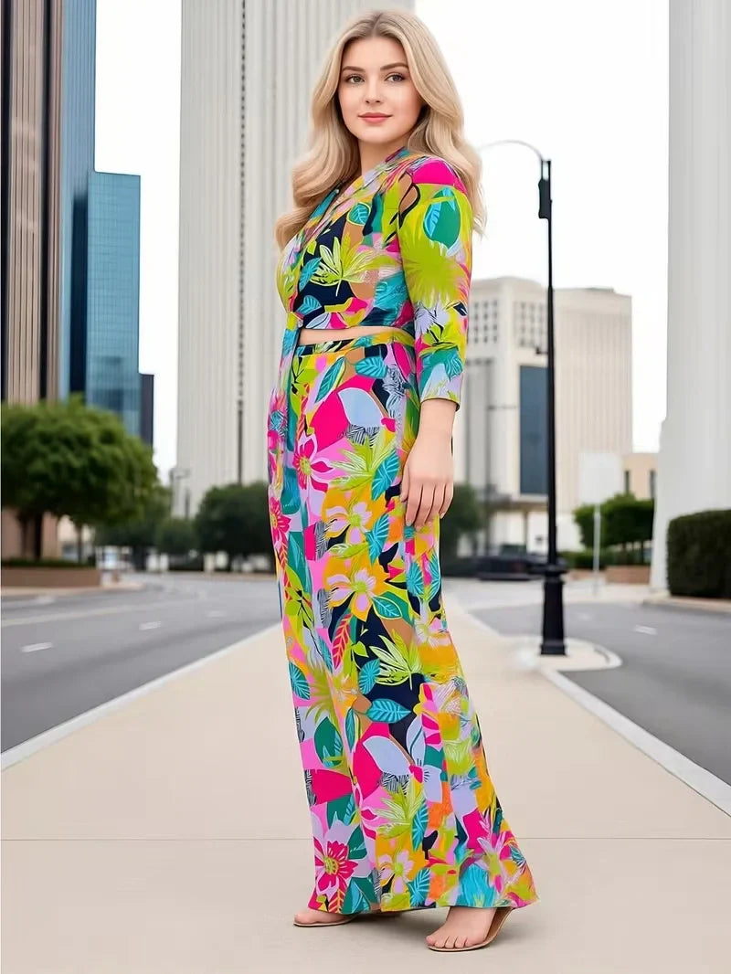Women’s Printed Two Piece Set with Tie Front Top and Wide Leg Pants