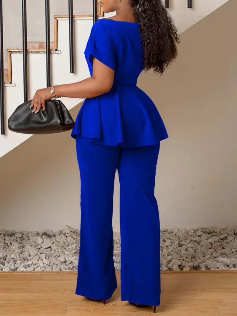 Women’s Plus Size Two Piece Set with Tie Front Top and Wide Leg Pants