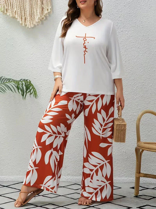 Women’s Plus Size Two Piece Set with Flowing Pants and Relaxed Sleeve Top