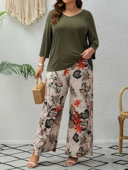Women’s Plus Size Two Piece Set with Flowing Pants and Relaxed Sleeve Top