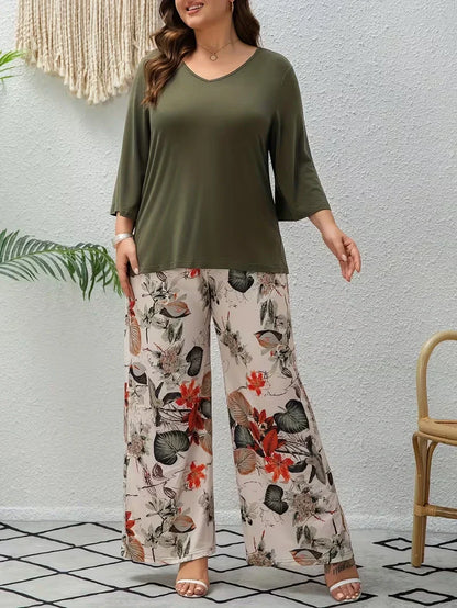 Women’s Plus Size Two Piece Set with Flowing Pants and Relaxed Sleeve Top