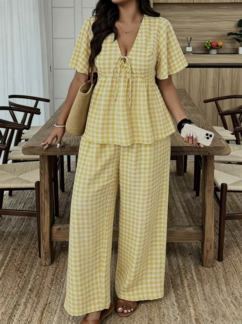 Modern Plaid Flare Sleeve Set