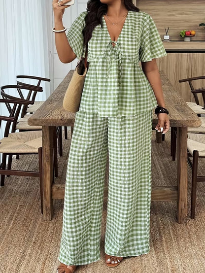 Modern Plaid Flare Sleeve Set