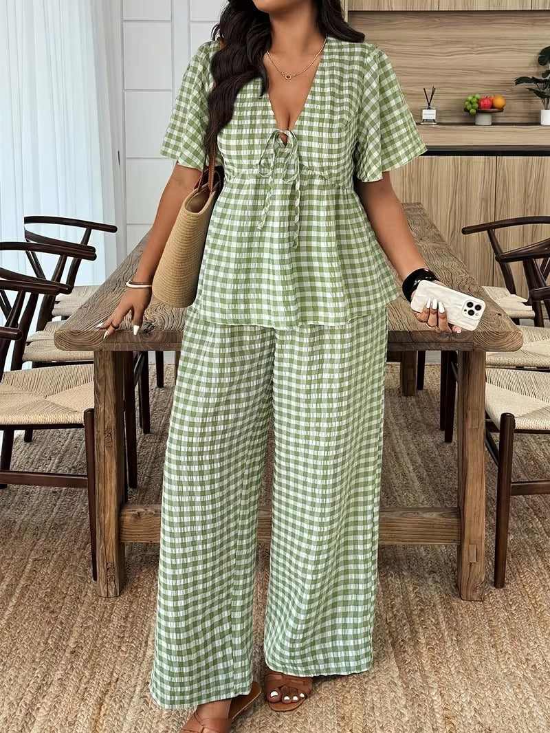 Modern Plaid Flare Sleeve Set