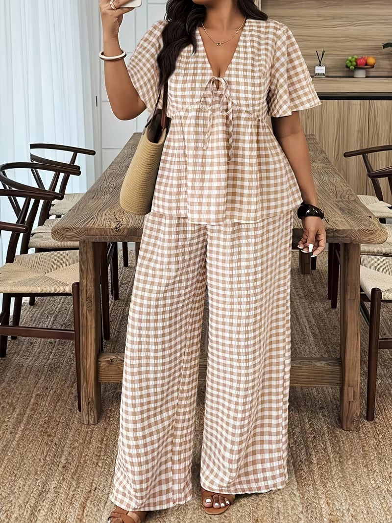 Modern Plaid Flare Sleeve Set