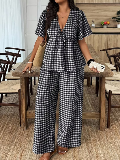 Modern Plaid Flare Sleeve Set