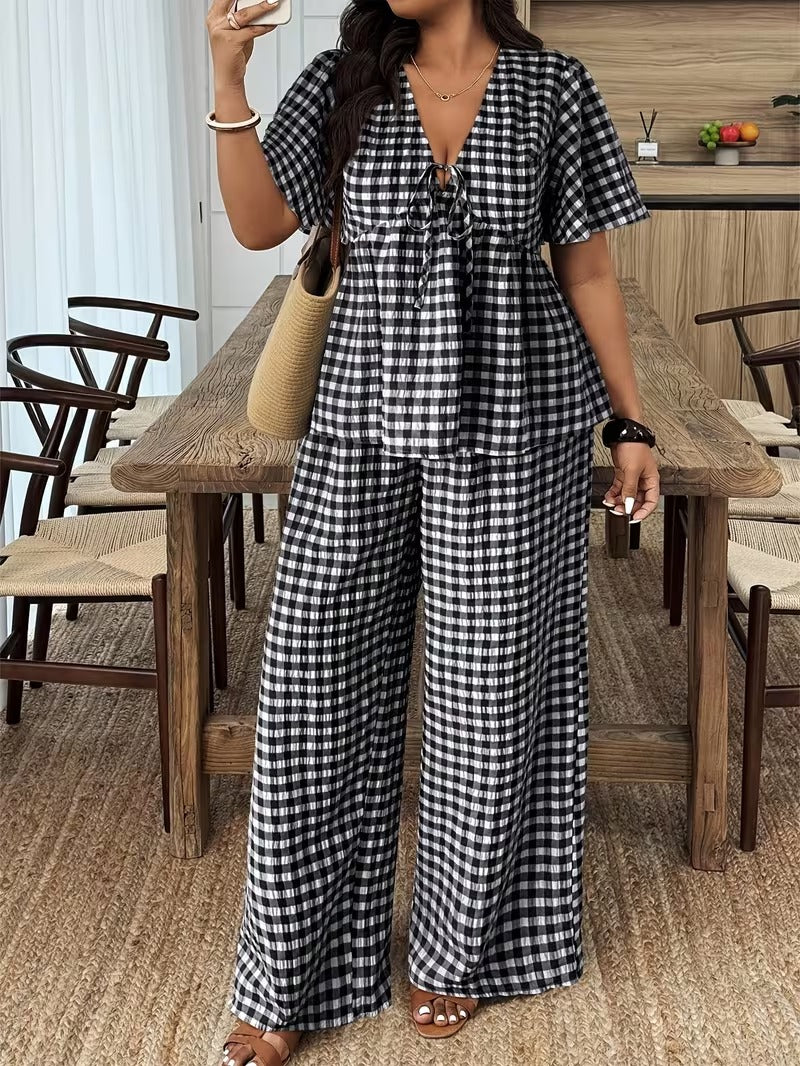 Modern Plaid Flare Sleeve Set