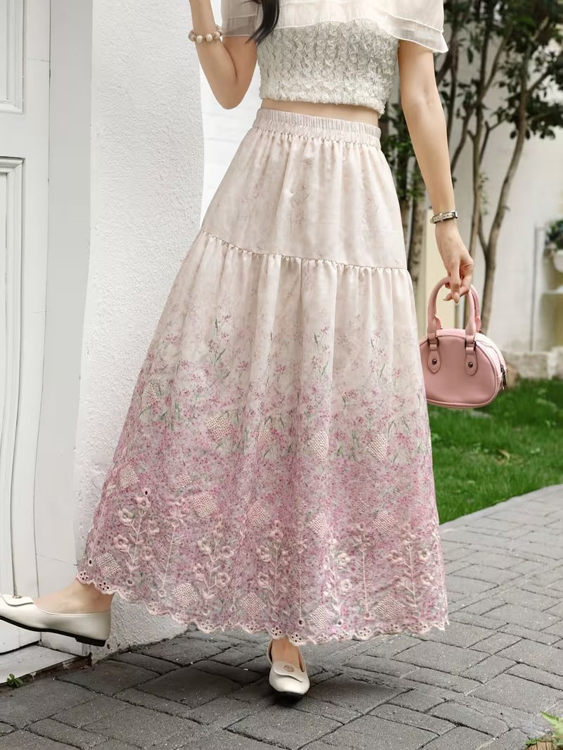 French Style Embroidered High Waist Maxi Dress