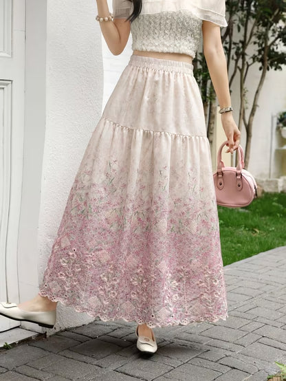 French Style Embroidered High Waist Maxi Dress