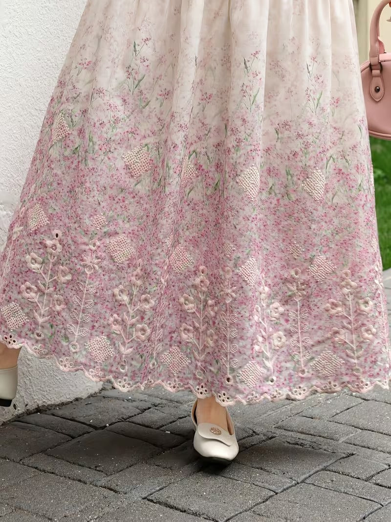 French Style Embroidered High Waist Maxi Dress