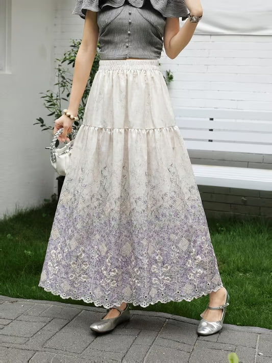 French Style Embroidered High Waist Maxi Dress