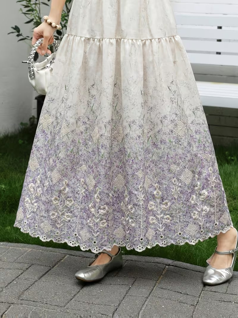 French Style Embroidered High Waist Maxi Dress