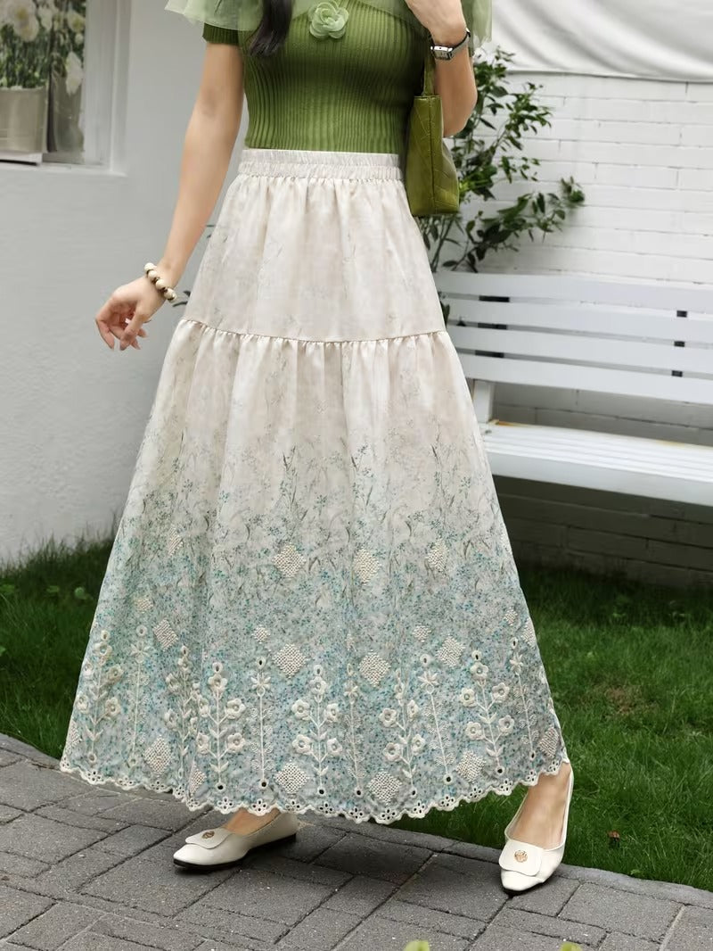 French Style Embroidered High Waist Maxi Dress