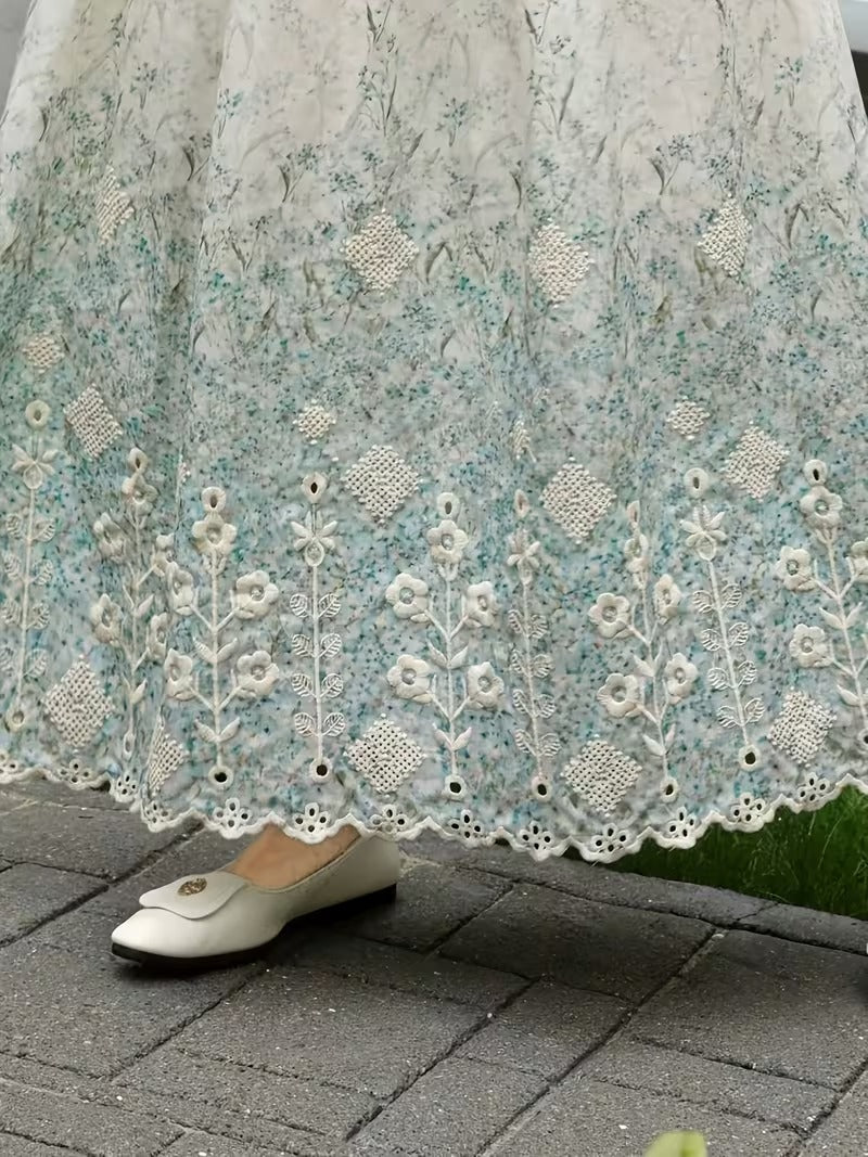French Style Embroidered High Waist Maxi Dress