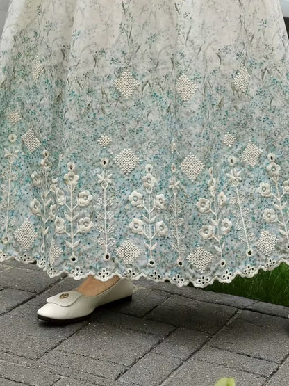 French Style Embroidered High Waist Maxi Dress