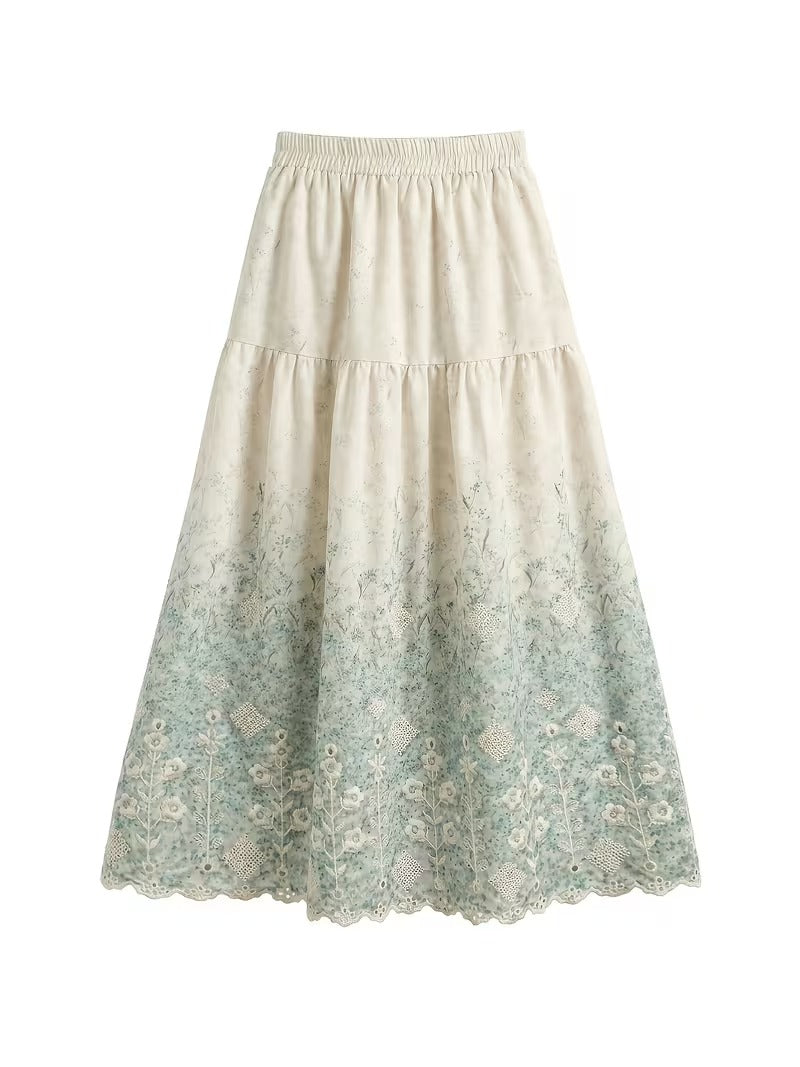 French Style Embroidered High Waist Maxi Dress