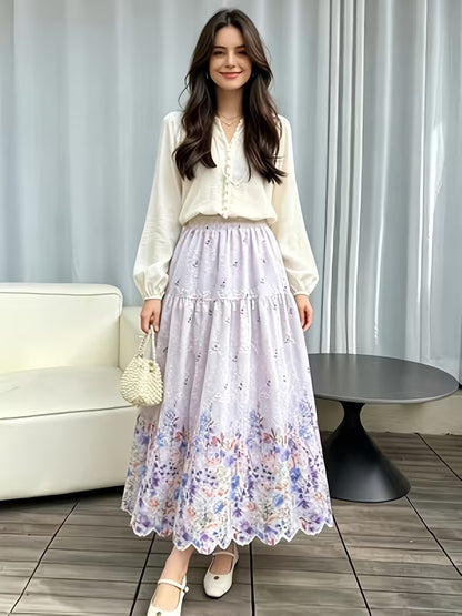 French Style Embroidered High Waist Maxi Dress