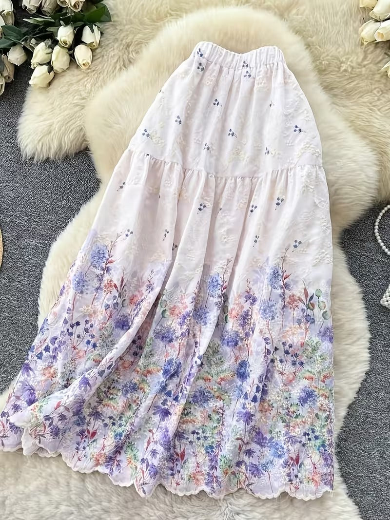 French Style Embroidered High Waist Maxi Dress