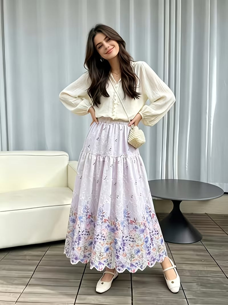 French Style Embroidered High Waist Maxi Dress