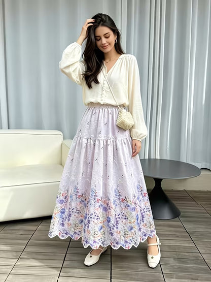 French Style Embroidered High Waist Maxi Dress
