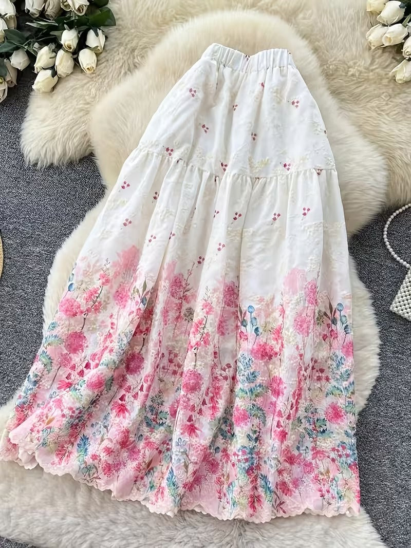 French Style Embroidered High Waist Maxi Dress