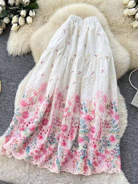 French Style Embroidered High Waist Maxi Dress