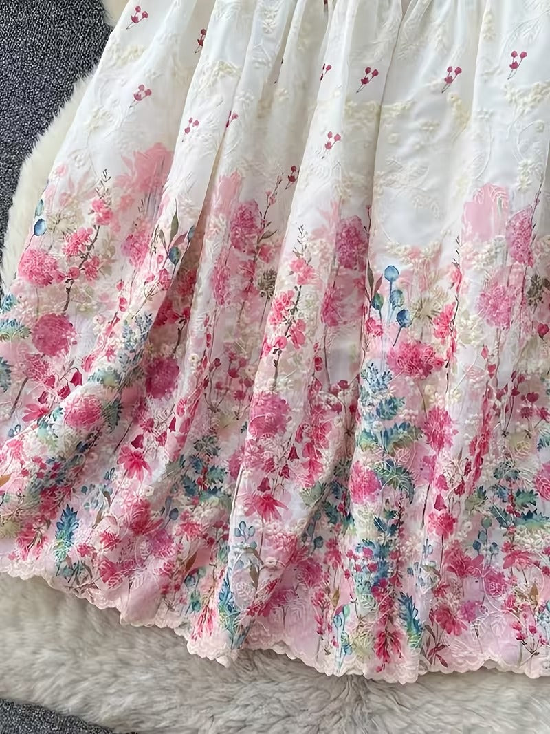 French Style Embroidered High Waist Maxi Dress