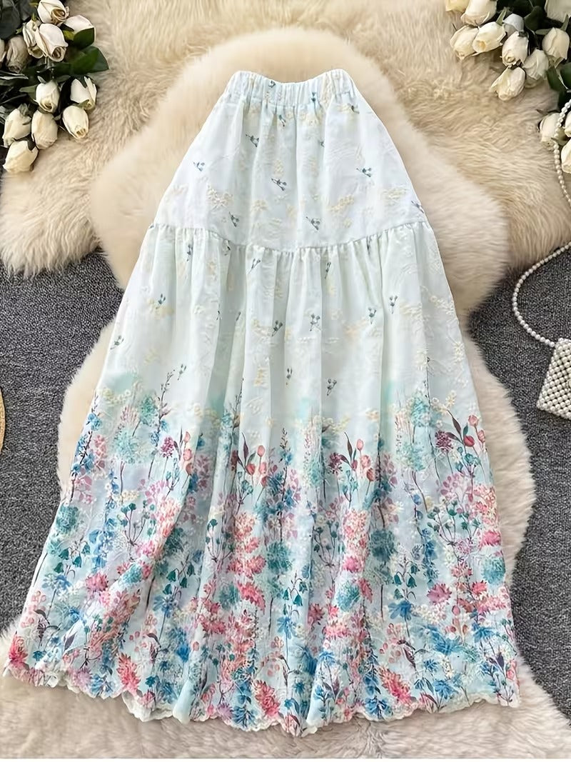 French Style Embroidered High Waist Maxi Dress