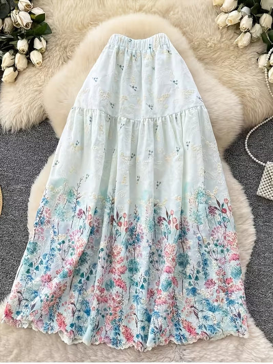 French Style Embroidered High Waist Maxi Dress