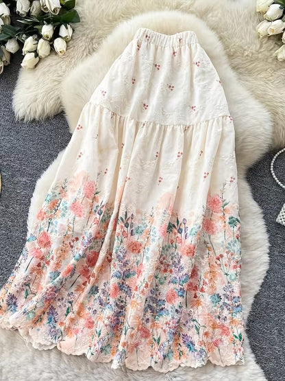 French Style Embroidered High Waist Maxi Dress
