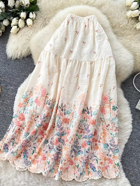 French Style Embroidered High Waist Maxi Dress