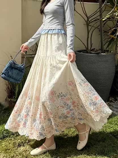 French Style Embroidered High Waist Maxi Dress