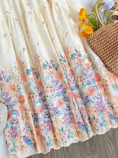 French Style Embroidered High Waist Maxi Dress