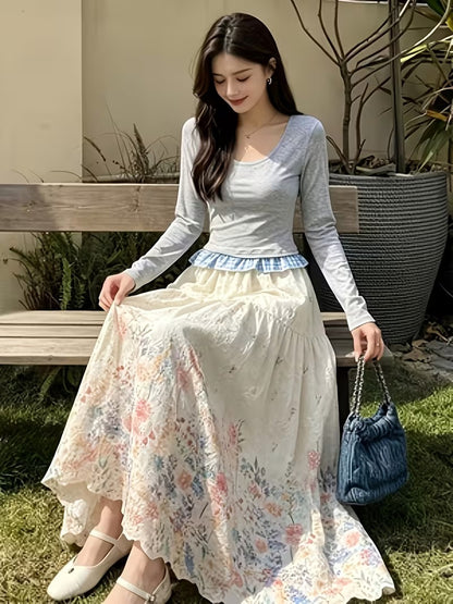 French Style Embroidered High Waist Maxi Dress