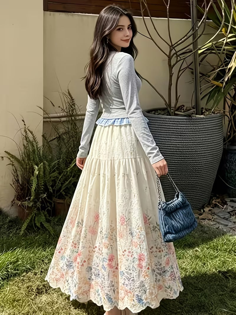 French Style Embroidered High Waist Maxi Dress