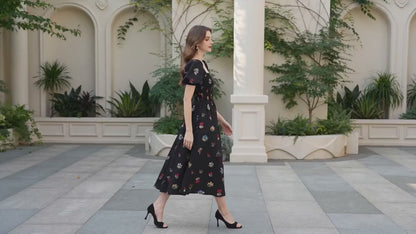 Women's Vintage Floral Puff Sleeve Midi Dress