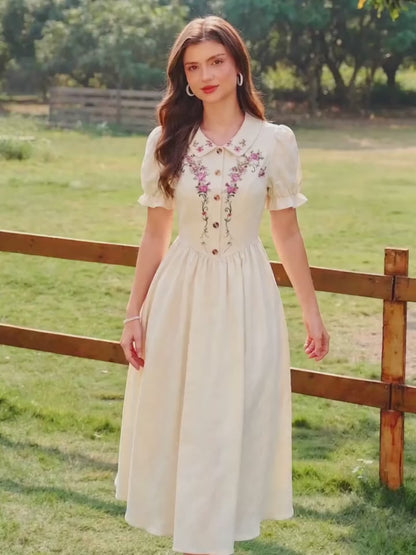 Women's Vintage Floral Puff Sleeve Midi Dress