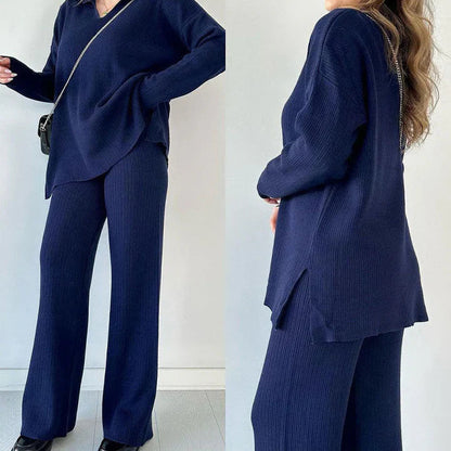 V-Neck Casual Slit Knitted Two-Piece Set